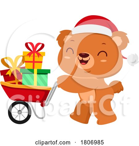 Cartoon Christmas Teddy Bear Pushing Gifts in a Wheelbarrow by Hit Toon