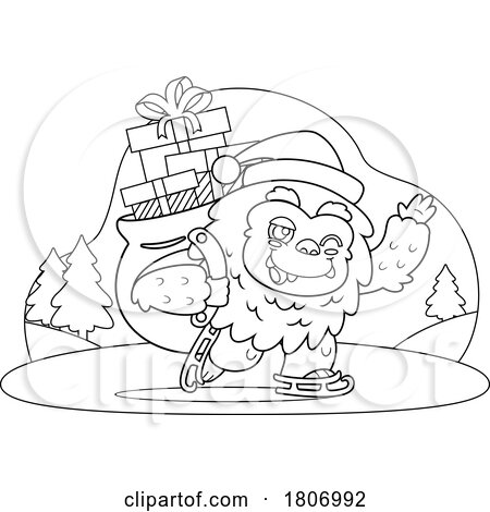 Cartoon Black and White Christmas Santa Yeti Ice Skating by Hit Toon