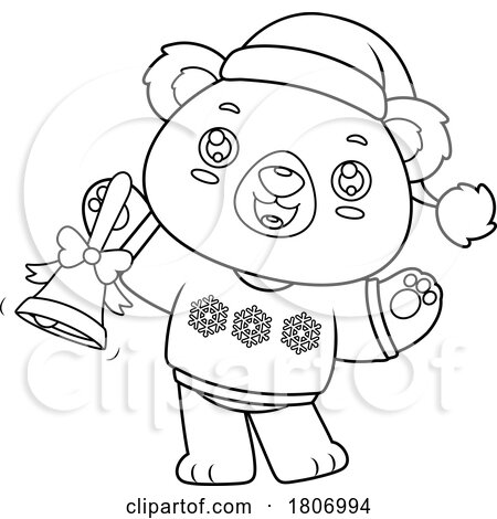 Cartoon Black and White Christmas Teddy Bear Ringing a Bell by Hit Toon
