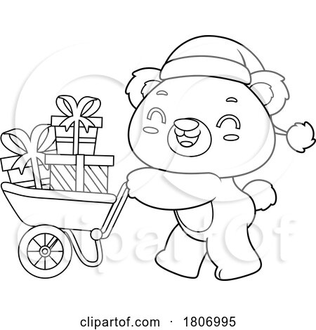 Cartoon Black and White Christmas Teddy Bear Pushing Gifts in a Wheelbarrow by Hit Toon