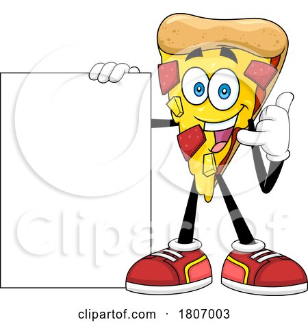 Cartoon Pizza Slice Mascot Gesturing to Call and Holding a Sign by Hit Toon