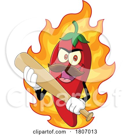 Cartoon Chili Pepper Mascot with Flames and a Bat by Hit Toon