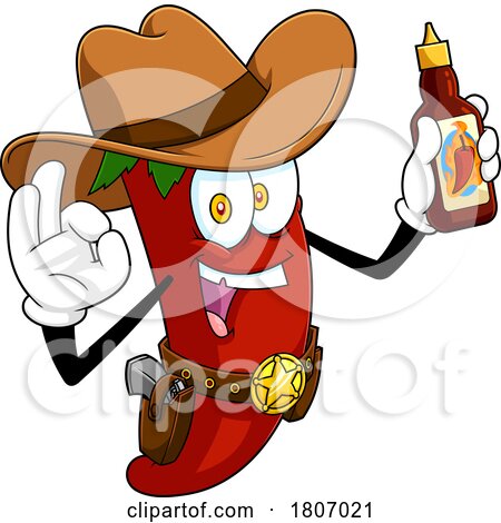Cartoon Cowboy Chili Pepper Mascot Holding a Bottle of Sauce by Hit Toon