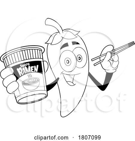 Cartoon Black and White Chili Pepper Mascot with Ramen and Chopsticks by Hit Toon