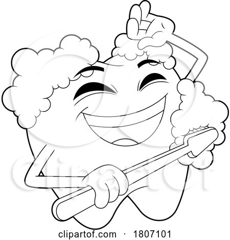Cartoon Black and White Tooth Mascot Happily Brushing by Hit Toon