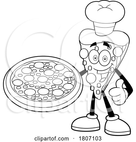 Cartoon Black and White Pizza Slice Mascot Chef Holding a Pie by Hit Toon