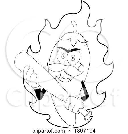 Cartoon Black and White Chili Pepper Mascot with Flames and a Bat by Hit Toon
