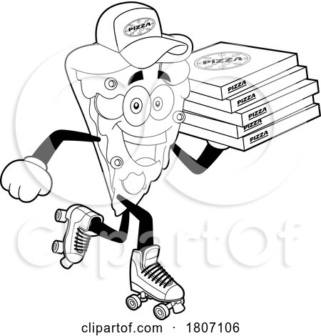 Cartoon Black and White Pizza Slice Mascot Delivering on Roller Skates by Hit Toon