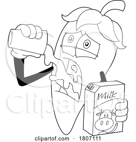 Cartoon Black and White Chili Pepper Mascot Gulping Milk by Hit Toon