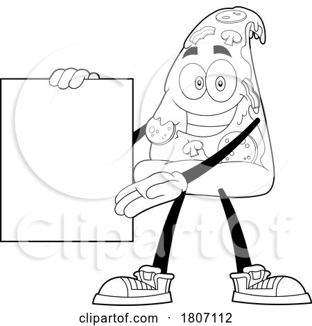 Cartoon Black and White Pizza Slice Mascot Presenting a Sign or Menu by Hit Toon