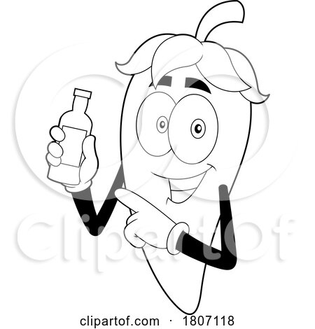 Cartoon Black and White Chili Pepper Mascot Holding a Bottle of Sauce by Hit Toon