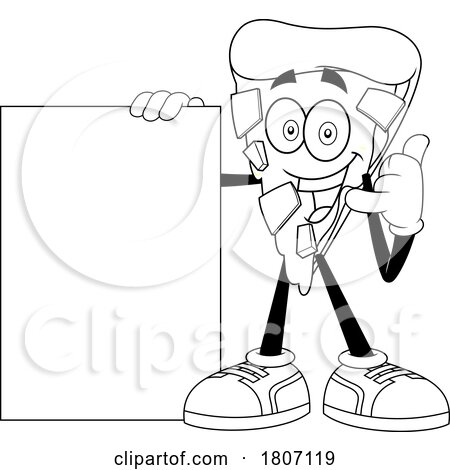 Cartoon Black and White Pizza Slice Mascot Gesturing to Call and Holding a Sign by Hit Toon