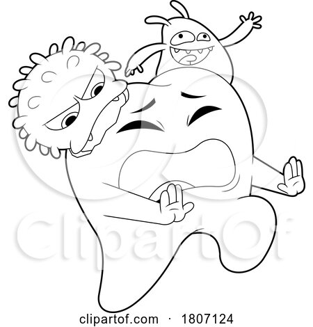 Cartoon Black and White Tooth Mascot Being Attacked by Germs and Bacteria by Hit Toon