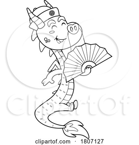 Cartoon Black and White Chinese Dragon with a Fan by Hit Toon