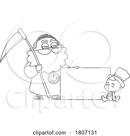 Cartoon Black and White New Year Baby and Father Time with a Sign by Hit Toon