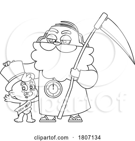 Cartoon Black and White New Year Baby and Father Time by Hit Toon