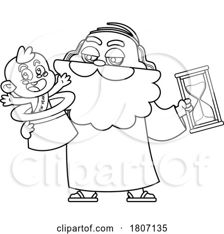 Cartoon Black and White New Year Baby and Father Time by Hit Toon