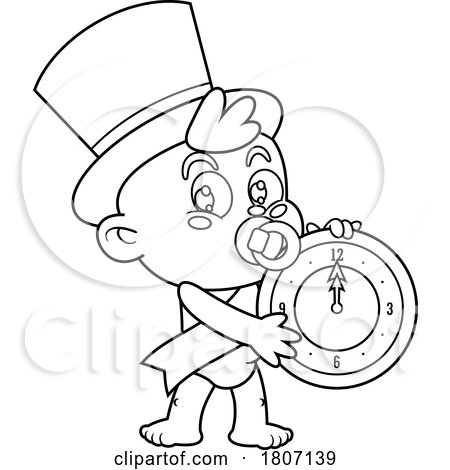 Cartoon Black and White New Year Baby with a Clock by Hit Toon