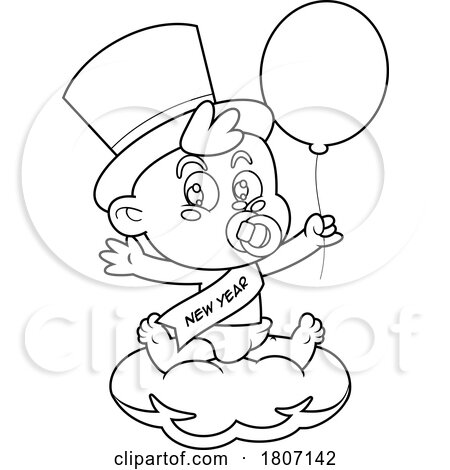 Cartoon Black and White New Year Baby with a Balloon on a Cloud by Hit Toon