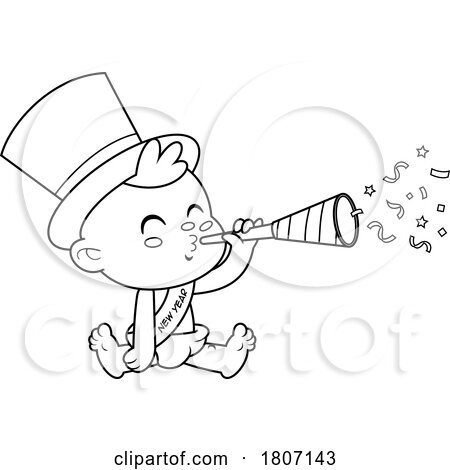Cartoon Black and White New Year Baby Blowing a Horn by Hit Toon
