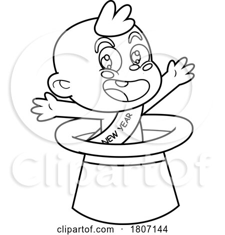 Cartoon Black and White New Year Baby Popping out of a Hat by Hit Toon