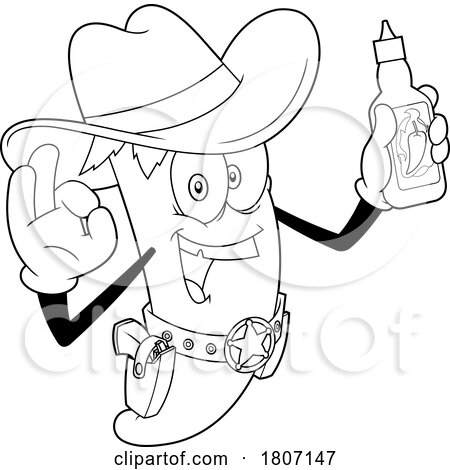 Cartoon Black and White Cowboy Chili Pepper Mascot Holding a Bottle of Sauce by Hit Toon