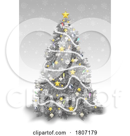 Silver and Gold Christmas Tree over a Snowflake Background by dero