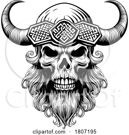 Viking Warrior Skull Man Mascot Face in Helmet by AtStockIllustration