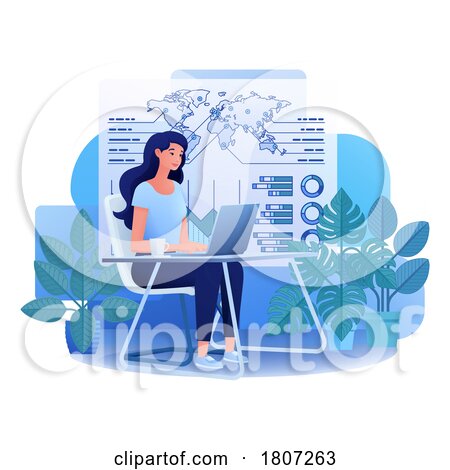 Finance Woman Remote Working Chart Cartoon by AtStockIllustration
