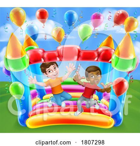 Bouncy House Castle Jumping Boys Kids Cartoon by AtStockIllustration