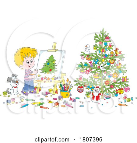 Cartoon Boy Painting a Christmas Tree by Alex Bannykh
