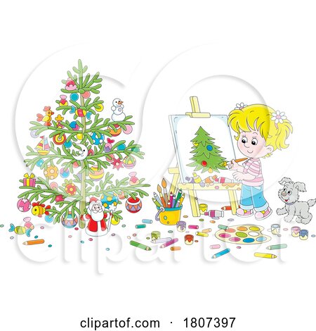 Cartoon Girl Painting a Christmas Tree by Alex Bannykh
