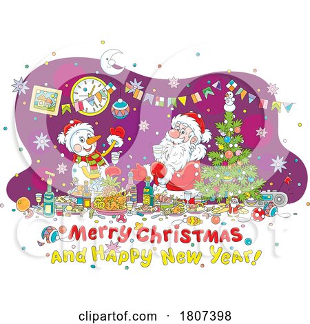 Cartoon Snowman and Santa and Christmas Greeting by Alex Bannykh