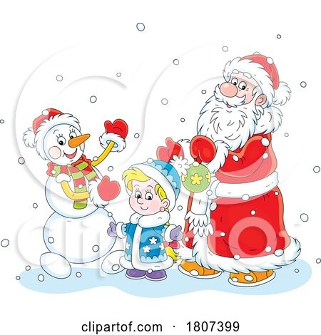 Cartoon Santa Claus and Snowman with a Boy by Alex Bannykh
