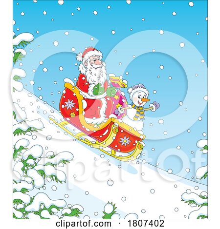 Cartoon Santa and Snowman Sledding by Alex Bannykh