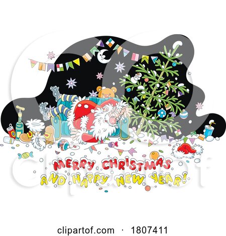 Cartoon Hung over Santa and Christmas Greeting by Alex Bannykh