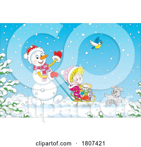 Cartoon Christmas Winter Snowman and Kid on a Sleigh by Alex Bannykh