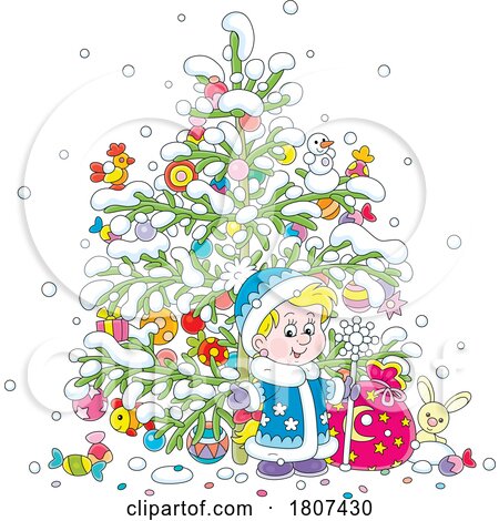 Cartoon Boy and Christmas Tree by Alex Bannykh