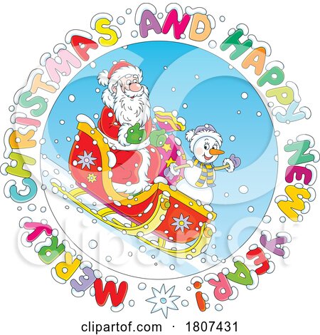 Cartoon Sledding Snowman and Santa with a Greeting by Alex Bannykh