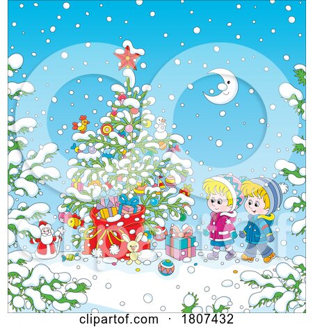 Cartoon Christmas Children with a Tree by Alex Bannykh