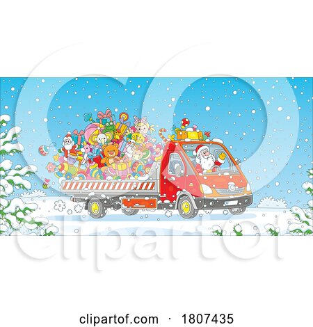 Cartoon Santa Driving a Christmas Truck with Toys and Gifts by Alex Bannykh