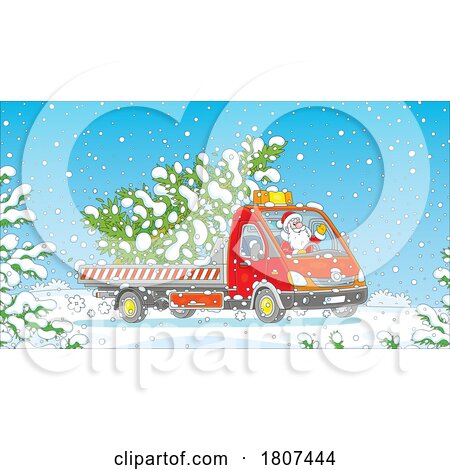 Cartoon Santa Driving a Christmas Truck with a Tree by Alex Bannykh
