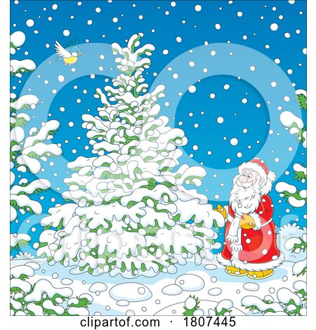 Cartoon Admiring a Snow Covered Christmas Tree by Alex Bannykh