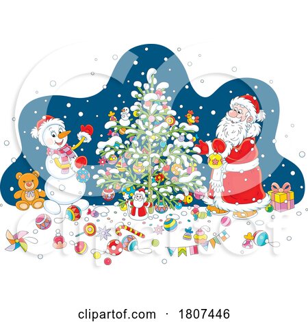 Cartoon Santa Claus and Snowman Decorating a Christmas Tree by Alex Bannykh