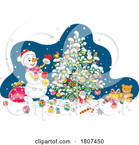 Cartoon Christmas Winter Snowman Decorating a Tree by Alex Bannykh