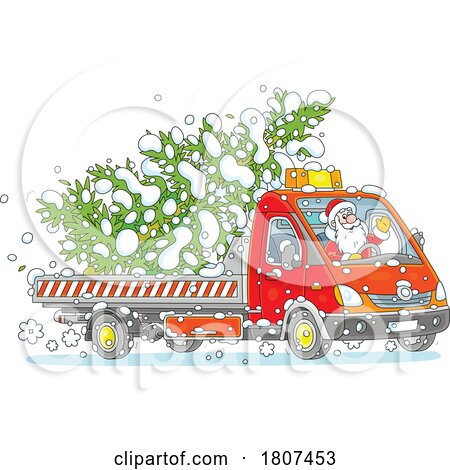 Cartoon Santa Driving a Christmas Truck with a Tree by Alex Bannykh