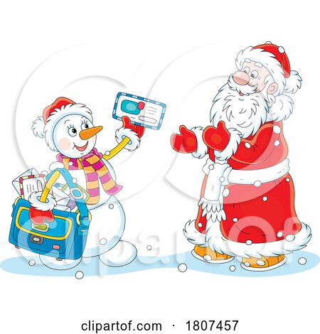 Cartoon Santa Claus and Snowman Exchanging Christmas Mail by Alex Bannykh