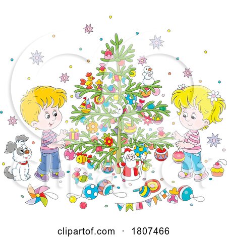 Cartoon Christmas Children Decorating a Tree by Alex Bannykh