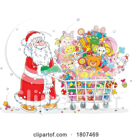 Cartoon Santa Claus Pushing a Shopping Cart with Gifts and Toys by Alex Bannykh