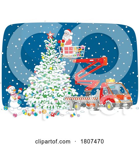 Cartoon Santa Claus and Snowman Using a Lift to Decorate a Christmas Tree by Alex Bannykh